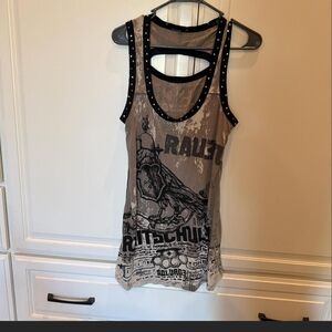 SALVAGE Vintage Studded Graphic Raven With Brass Knuckles Tank Top. L
